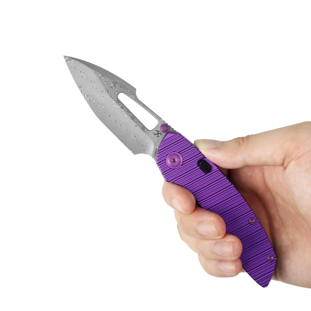 Kansept Link T1068H2 Damascus Blade Purple Aluminum Handle Top Liner Lock Folding Knife
