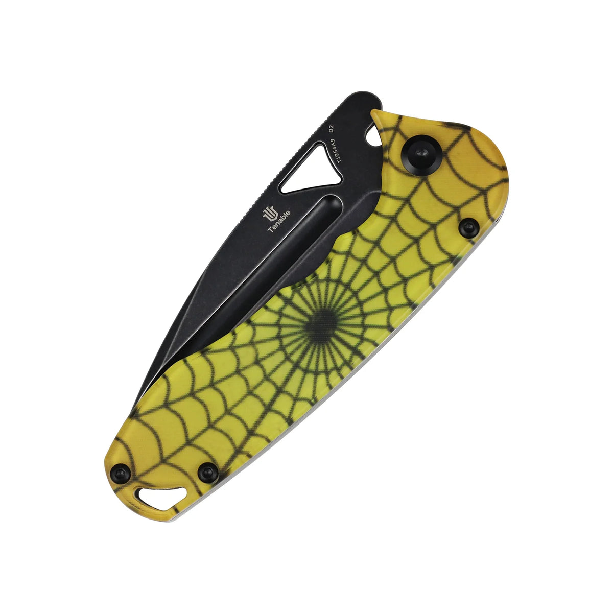Tenable Bömbur T1054A9 Blackwash D2 Blade PC with Yellow Spiderweb Pattern Handle Liner Lock Folding Knife