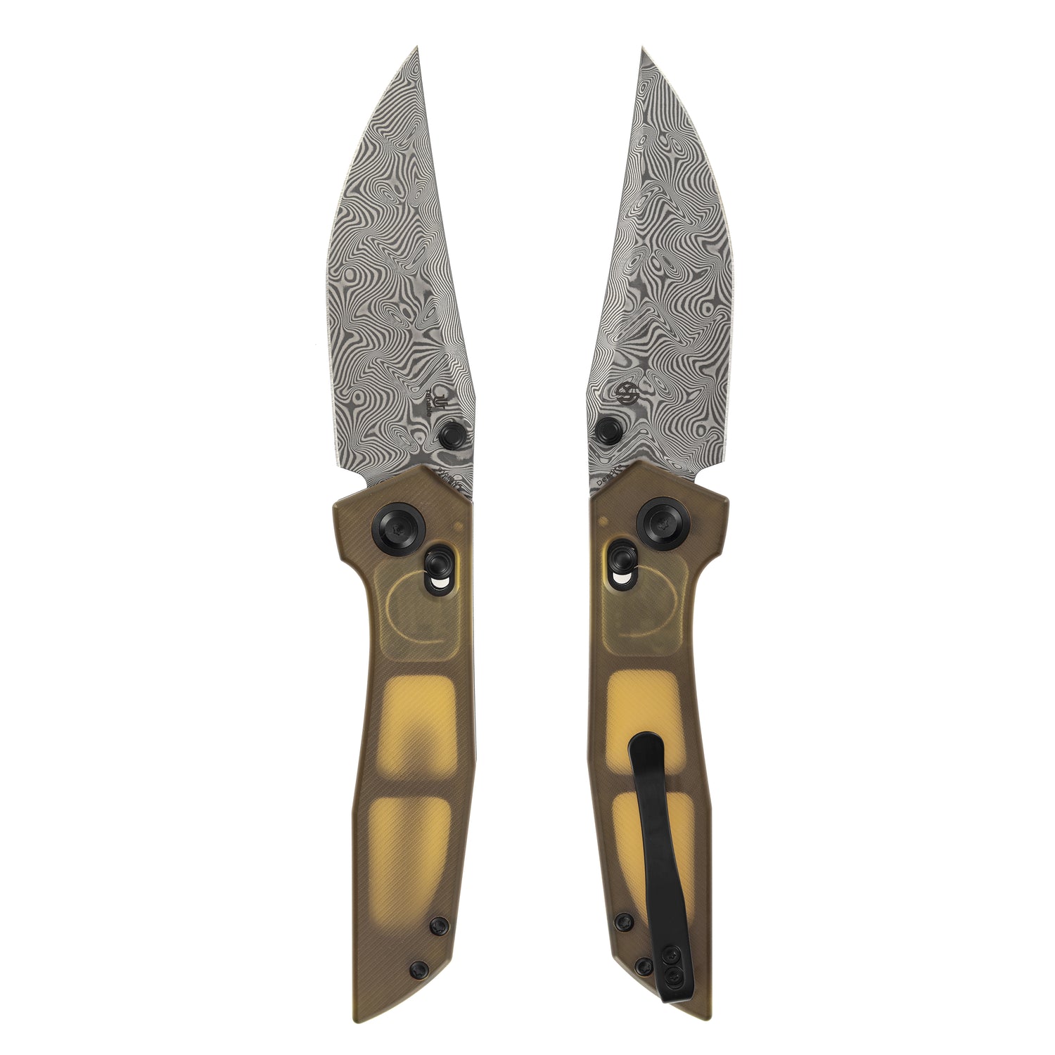Tenable Deadite B1081V4 Water Ripple Damascus Blade Amber PEI Handle Crossbar Lock Folding Knife