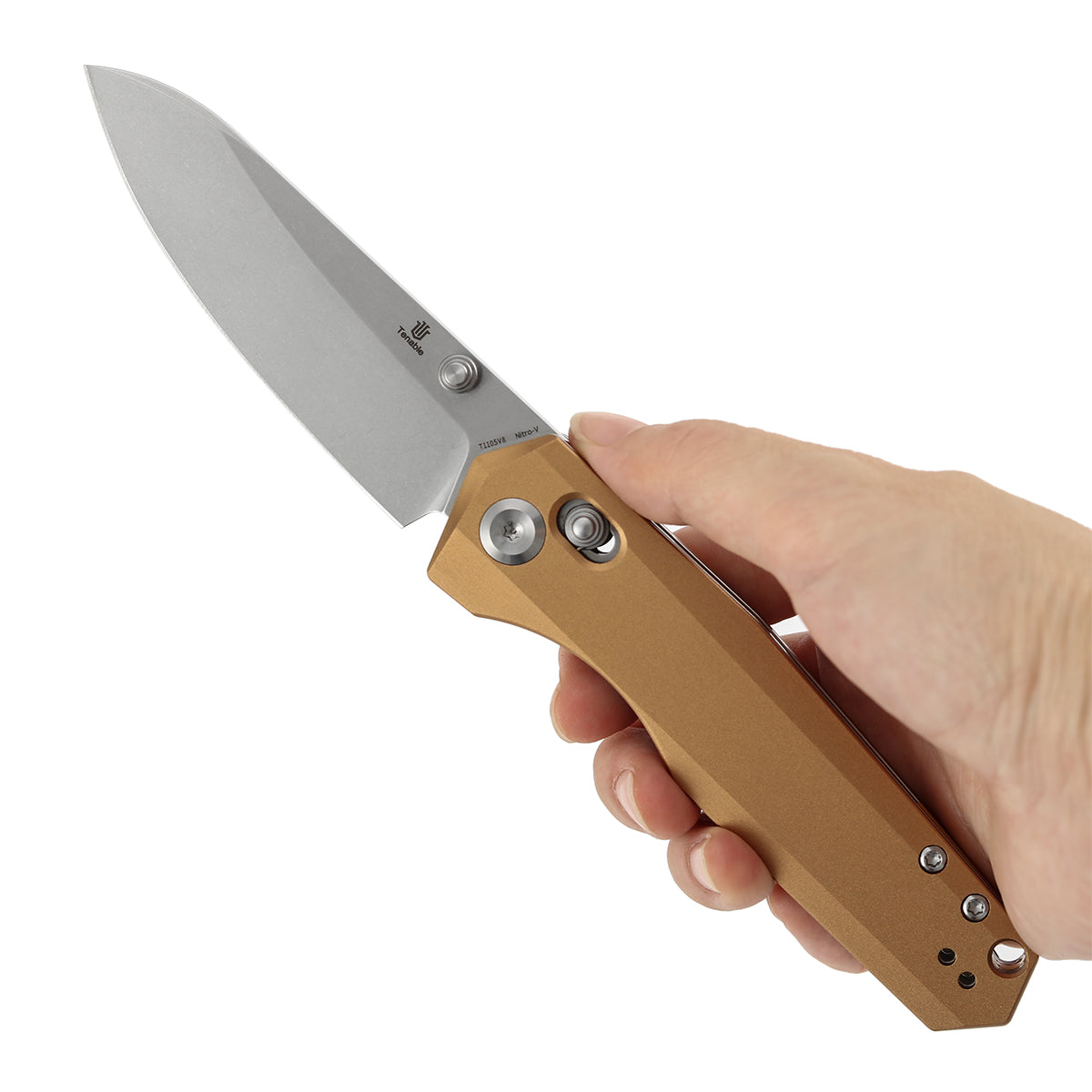 Tenable Beaver T1105V8 Stonewashed Nitro-V Blade Bronze Aluminum Handle Crossbar Lock Folding Knife