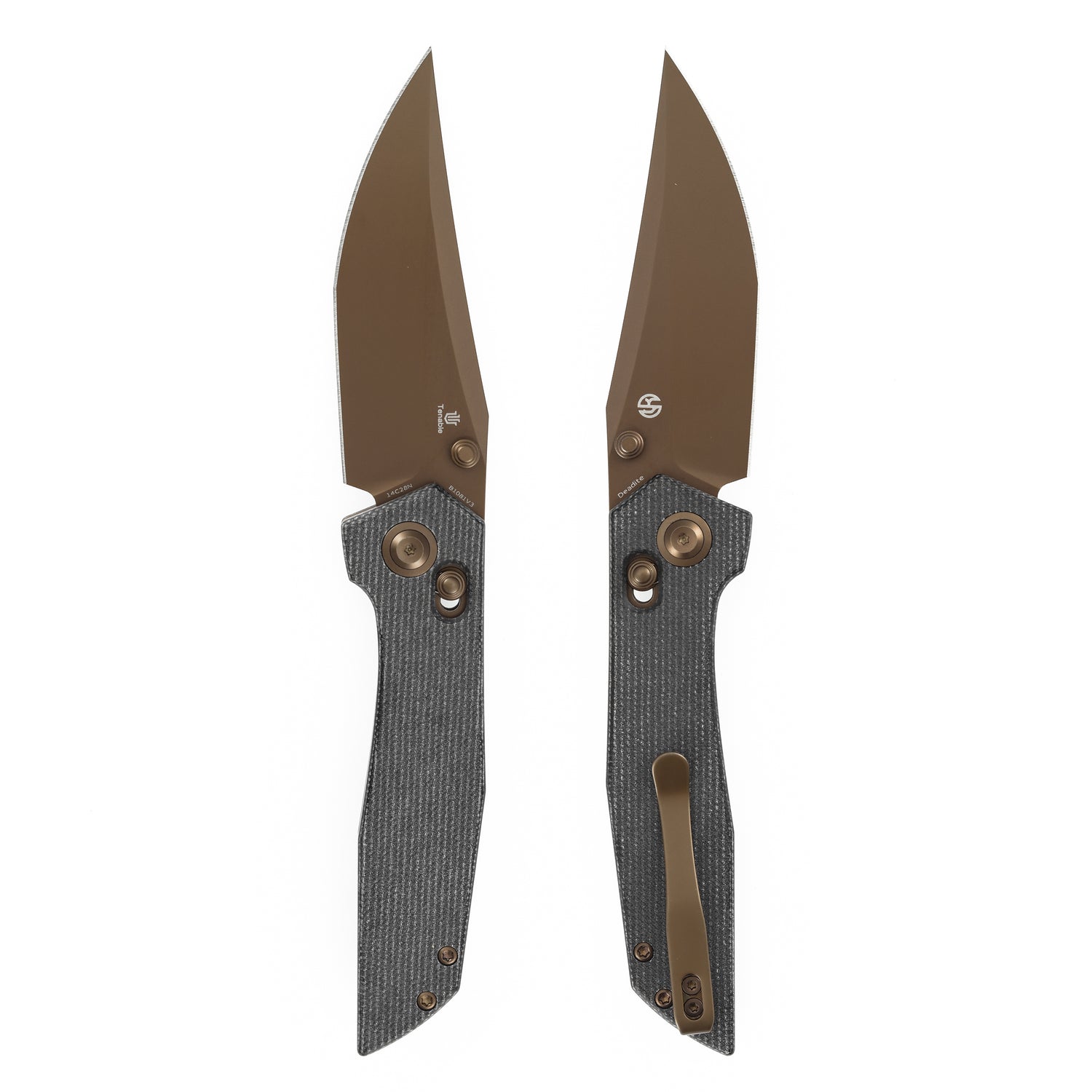 Tenable Deadite B1081V3 Rose Gold 14C28N Blade Black Micarta Handle Crossbar Lock Folding Knife