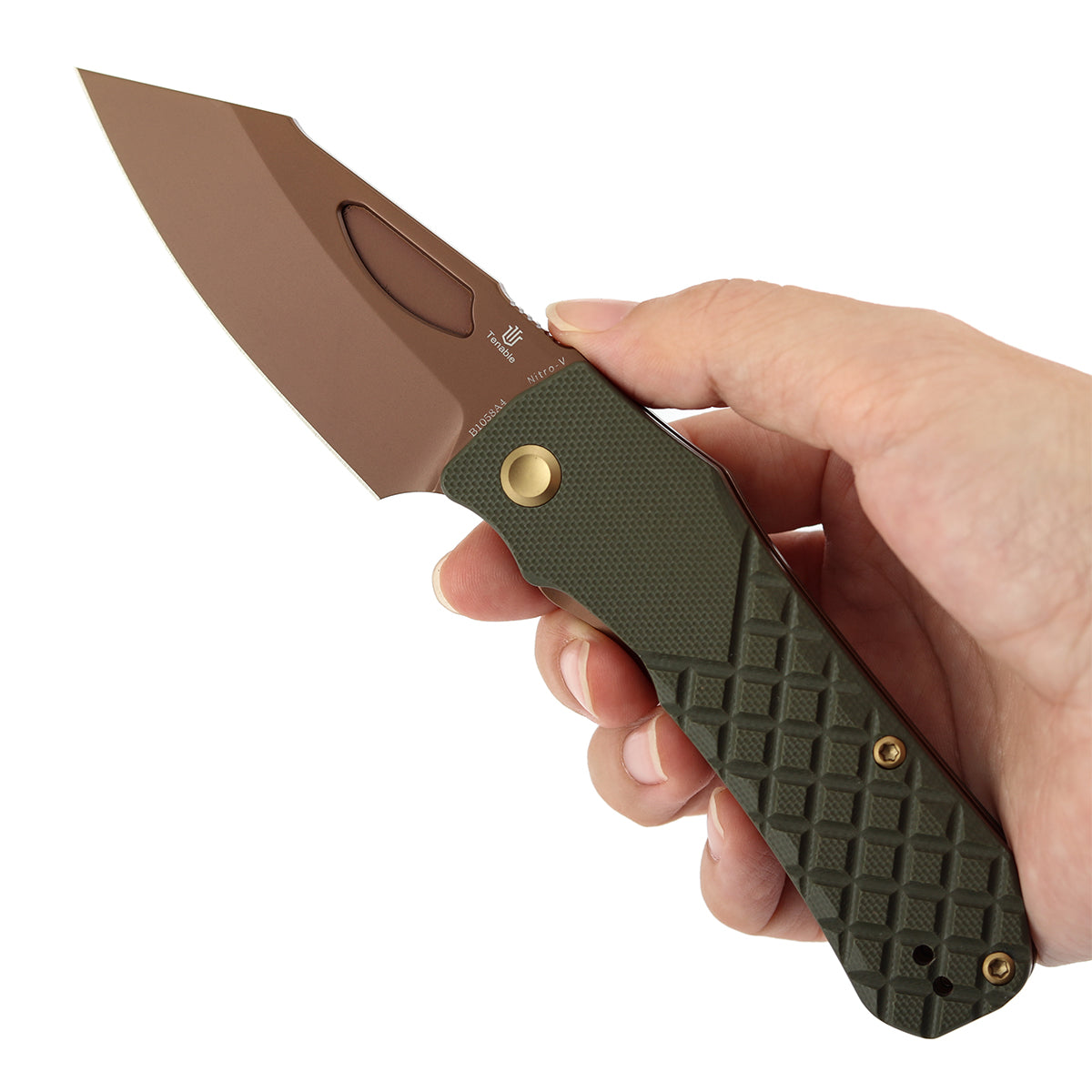 Tenable Loki B1058A4 Rose Gold Nitro-V Blade Olive Green G10 Handle Liner Lock Folding Knife