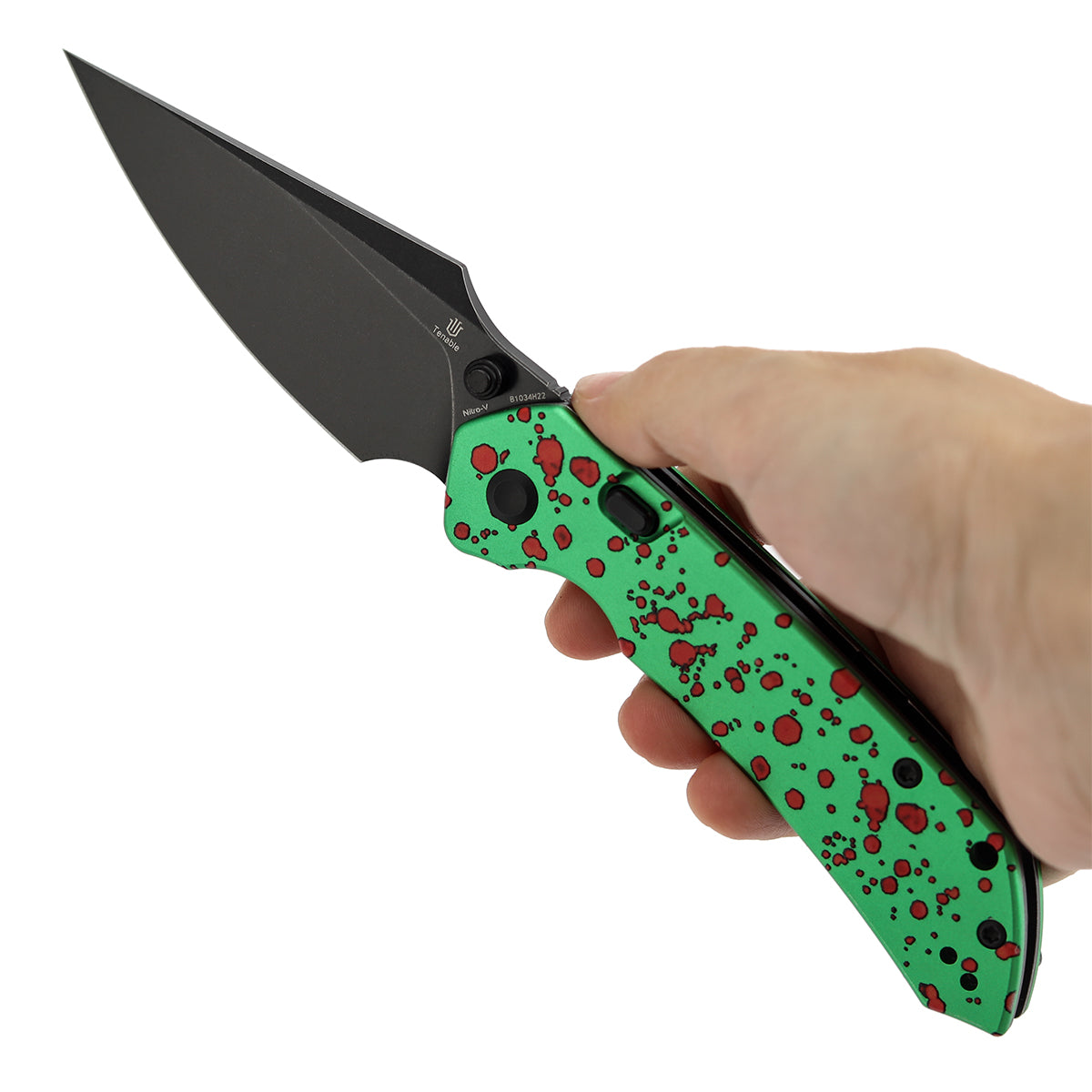 Tenable Fenrir B1034H22 Blackwash Nitro-V Blade Green Aluminum Handle Top Liner Lock Folding Knife