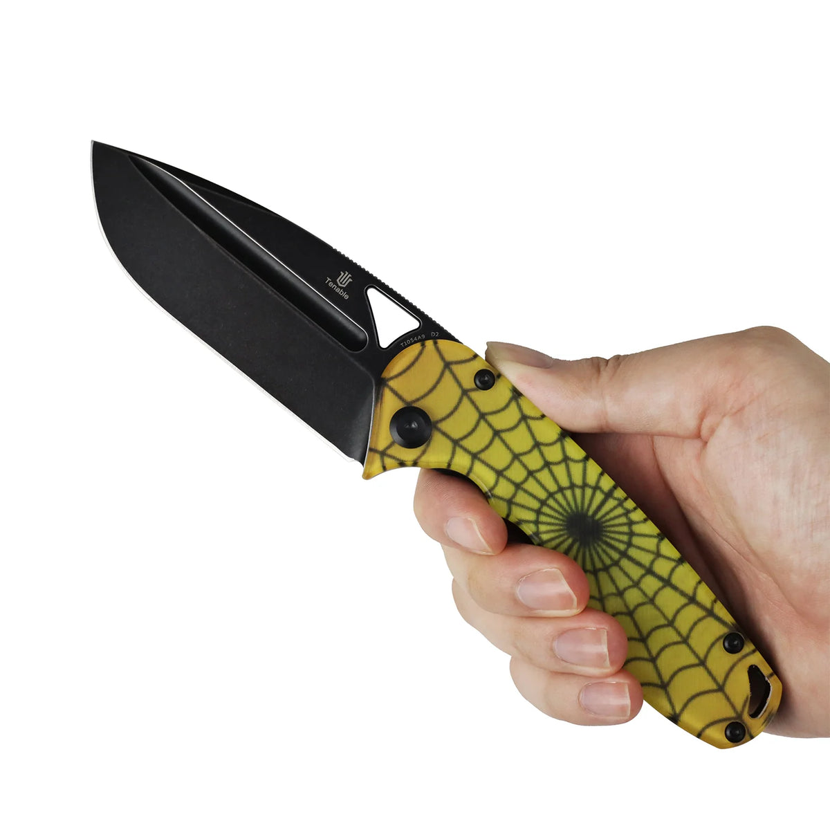 Tenable Bömbur T1054A9 Blackwash D2 Blade PC with Yellow Spiderweb Pattern Handle Liner Lock Folding Knife