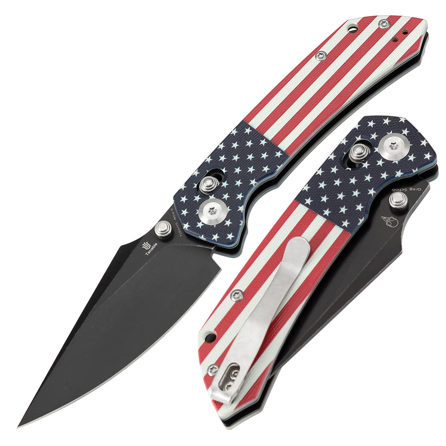 Tenable Knives Fenrir T1034V9 Nitro-V Blade Black G10 American Flag Handle Cross Bar Lock