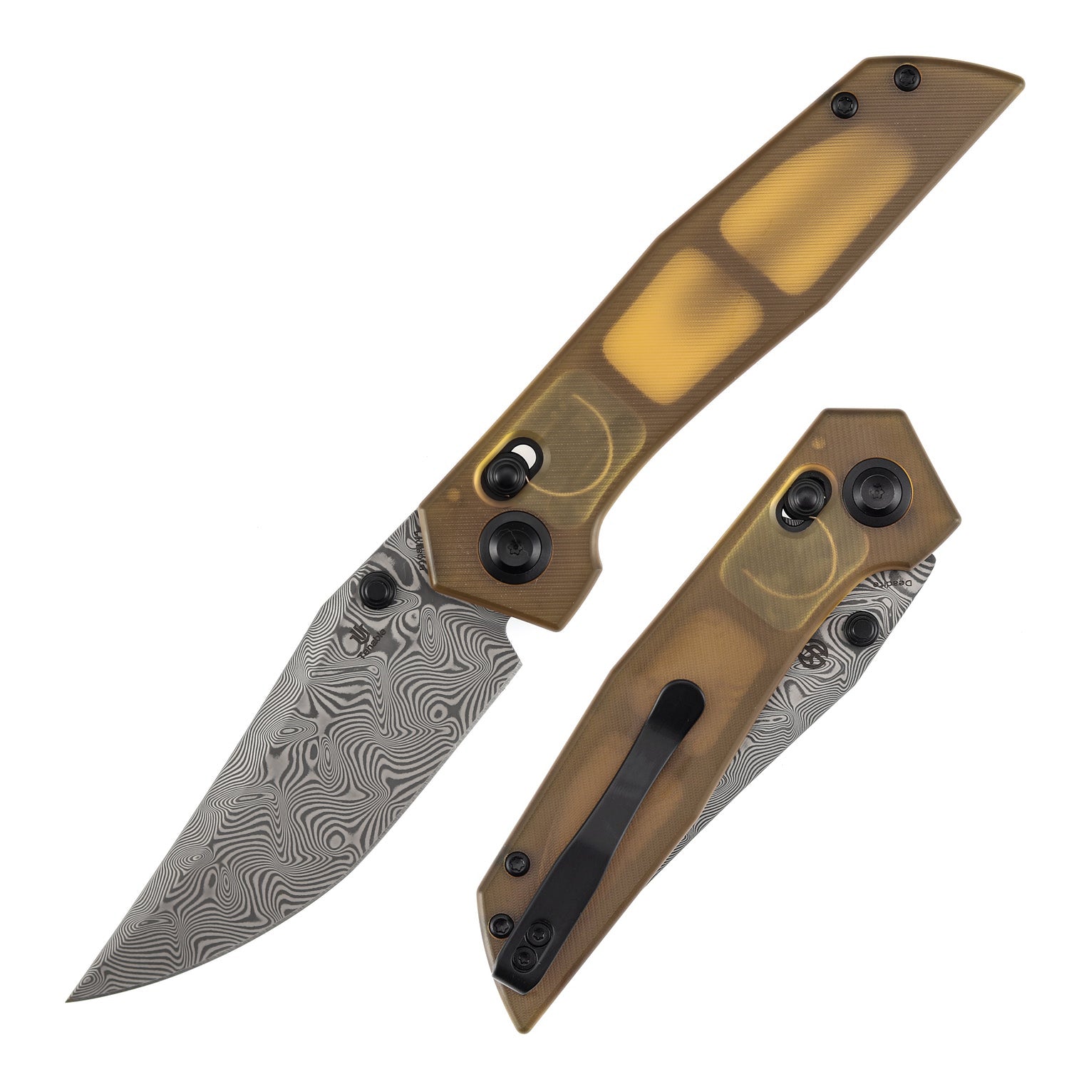 Tenable Deadite B1081V4 Water Ripple Damascus Blade Amber PEI Handle Crossbar Lock Folding Knife