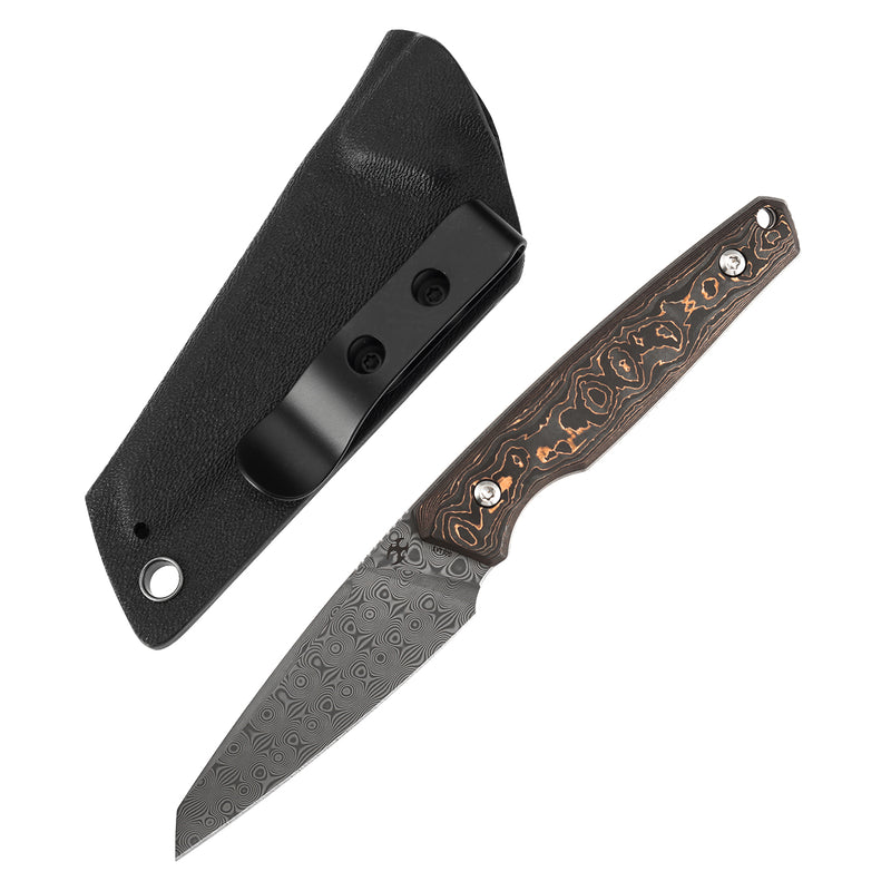 Kansept Parr G011A5 Damascus Blade Copper Carbon Fiber Handle Fixed Blade Knife