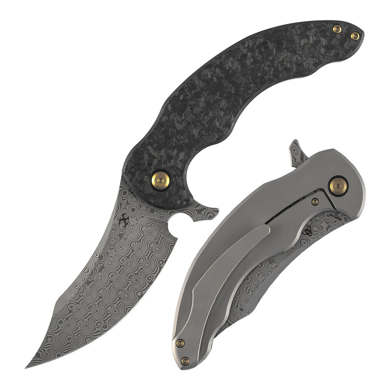 Kansept Gilgamesh K1128A3 Damascus Blade Carbon Fiber And Titanium Handle Frame Lock Folding Knife