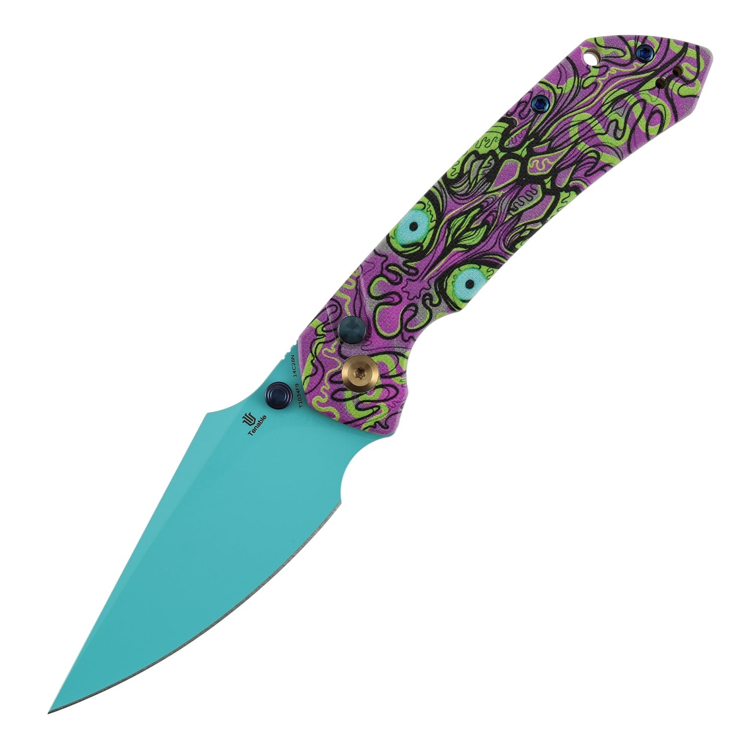 Tenable Fenrir T1034F9 Blue Coated 14C28N Blade Jade G10 Handle Button Lock Folding Knife