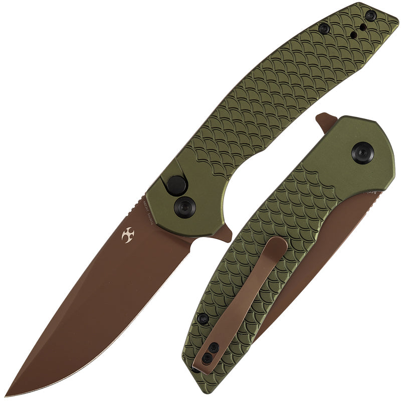 Kansept Accipiter T1007F5 Rose Gold 14C28N Blade Green Anodized Aluminum Handle Button Lock Folding Knife