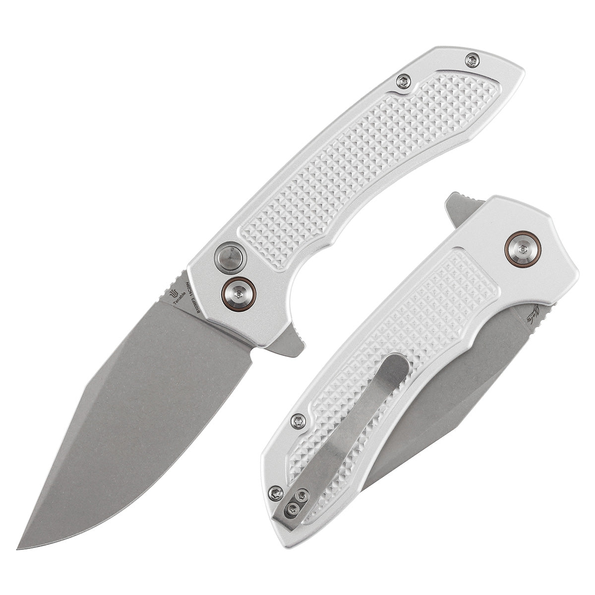 Tenable Entity B1036F3 Stonewashed 14C28N Blade Silver Aluminum Handdle Button Lock Folding Knife