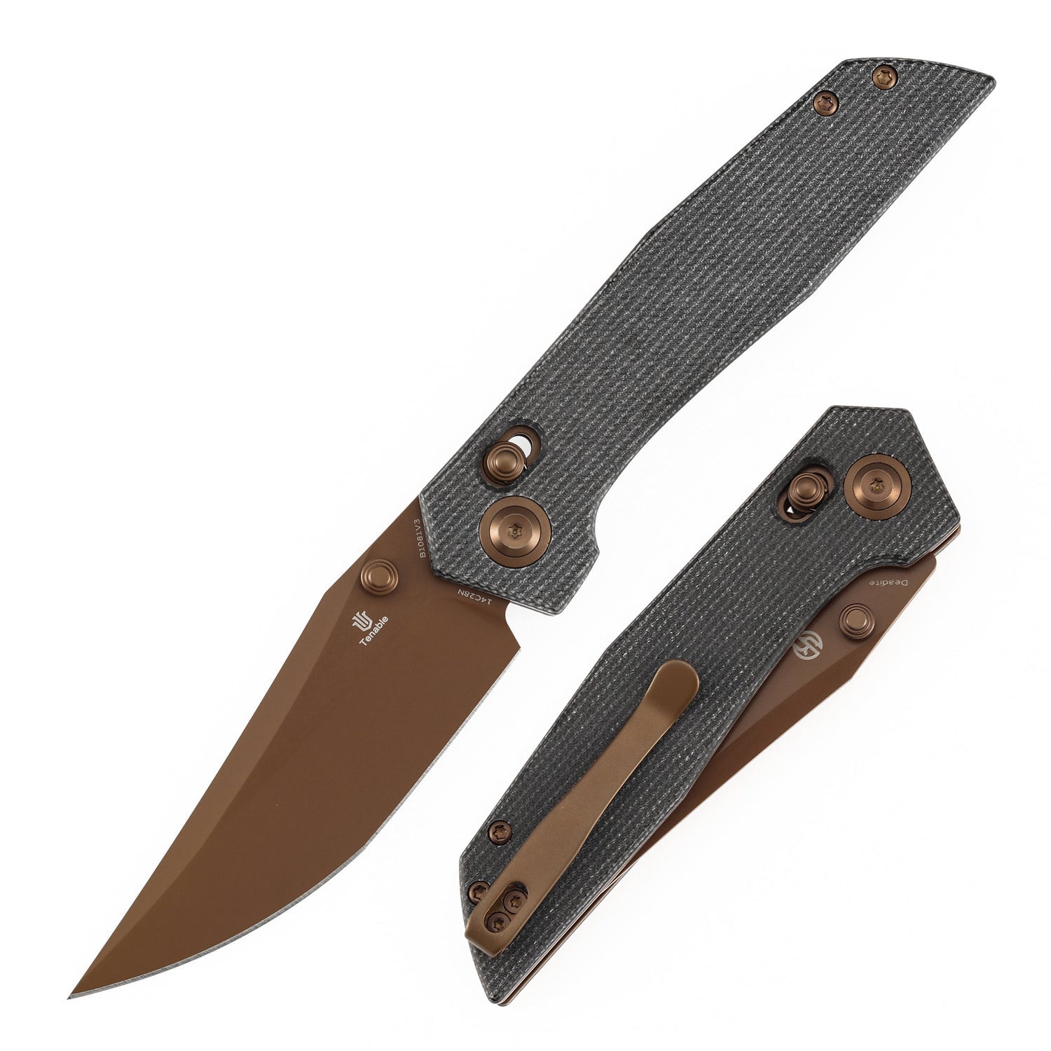 Tenable Deadite B1081V3 Rose Gold 14C28N Blade Black Micarta Handle Crossbar Lock Folding Knife