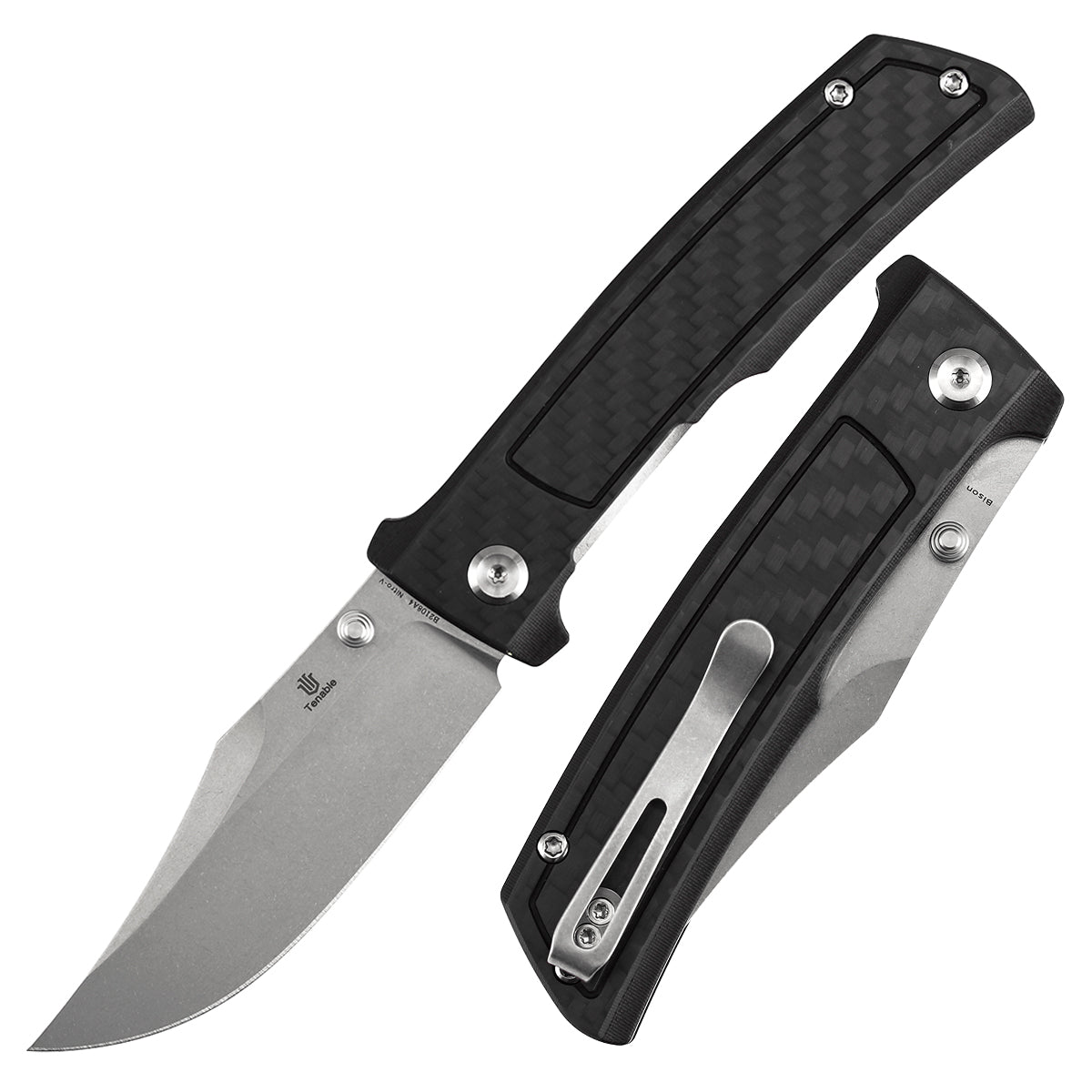 Tenable Bison B2108A4 Stonewashed Nitro-V Blade Twill Carbon FIber & G10 Handle Liner Lock Folding Knife