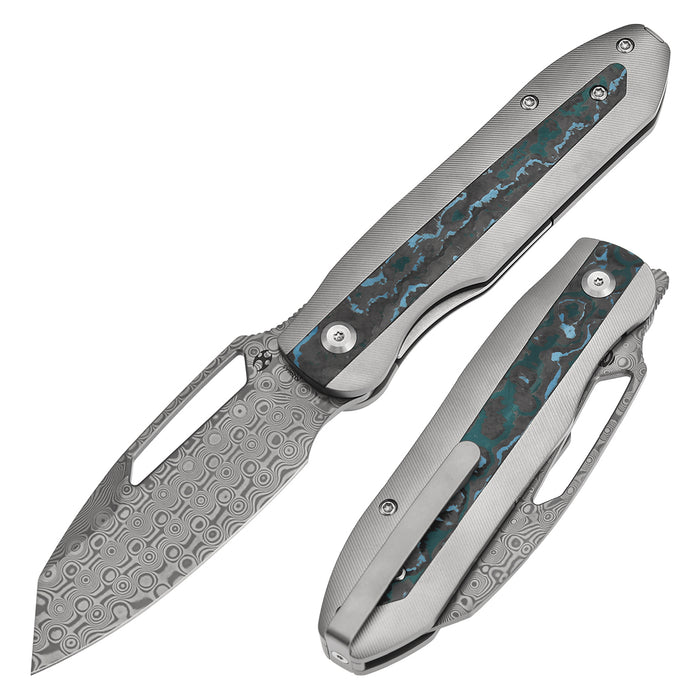 Kansept Knives Thunderhead K1106A5 Damascus Blade Titanium with Copper Carbon Fiber Inlay Handle Frame Lock