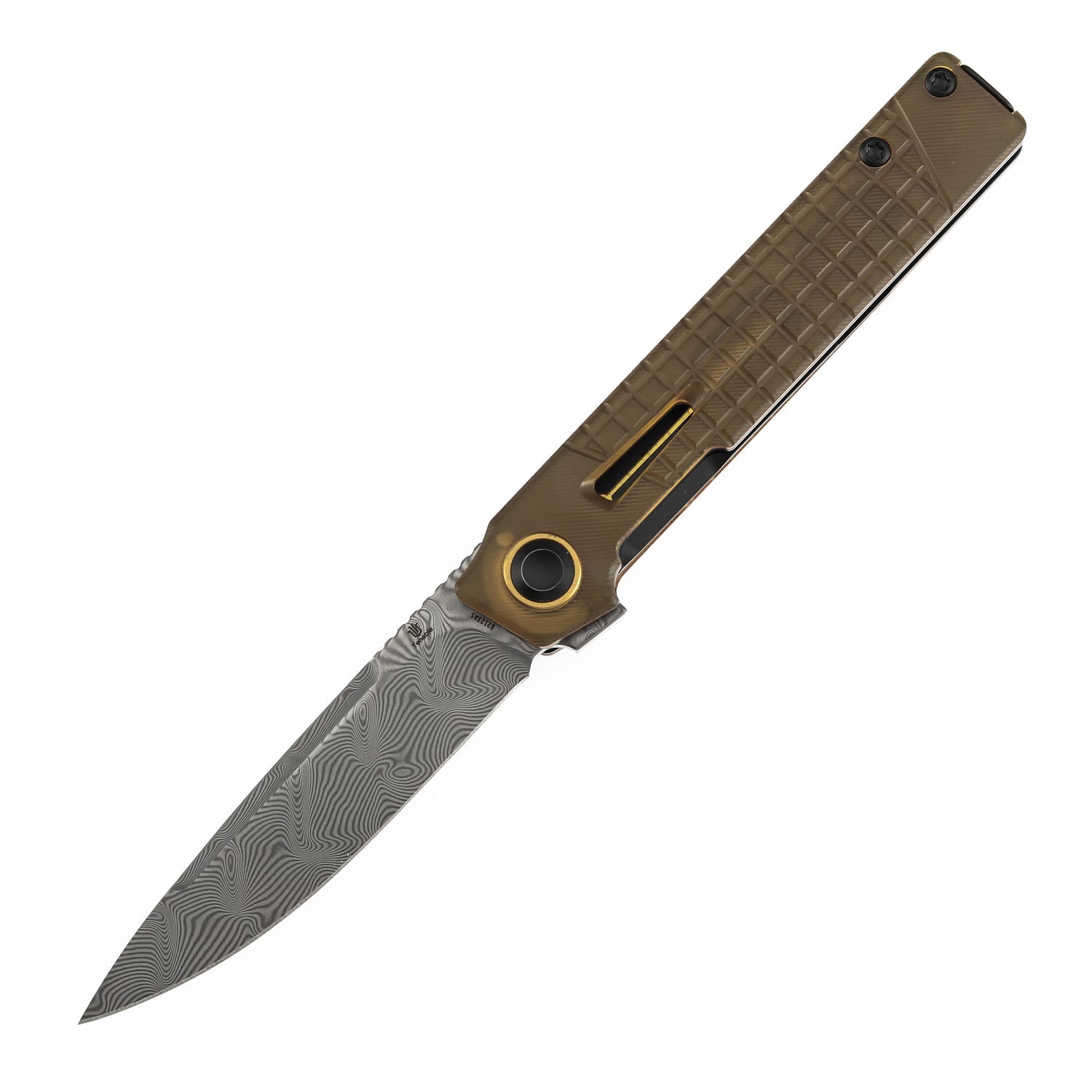 Tenable Kitpu B2123A5 Water Ripple Damascus Blade Amber PEI/Ultem Handle Liner Lock Folding Knife