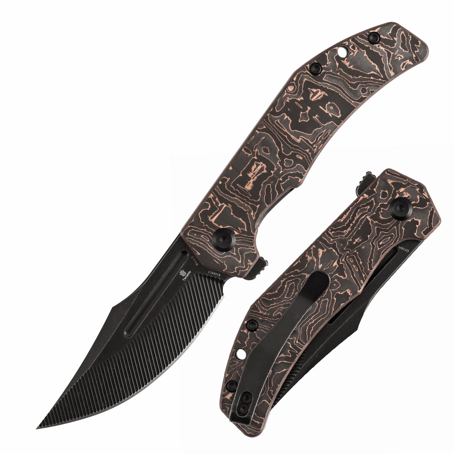 Tenable Orion B1089C3 Blackwash Nitro-V Blade G10 with Copper Foil Handle Liner Lock Folding Knife
