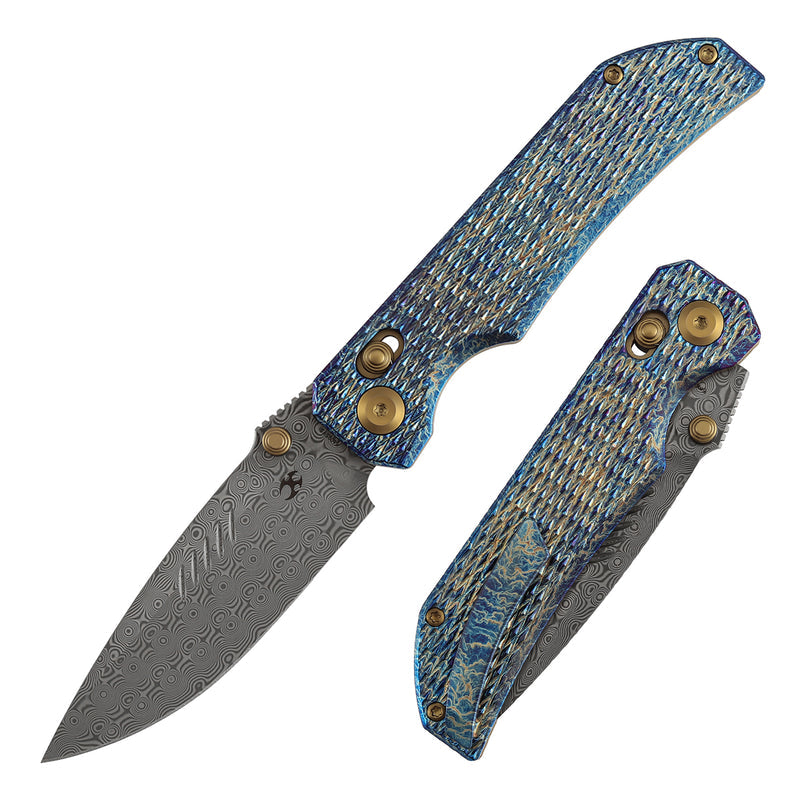 Kansept Eaglestrike K1095V5 Damascus Blade Titanium Handle Crossbar Lock Folding Knife