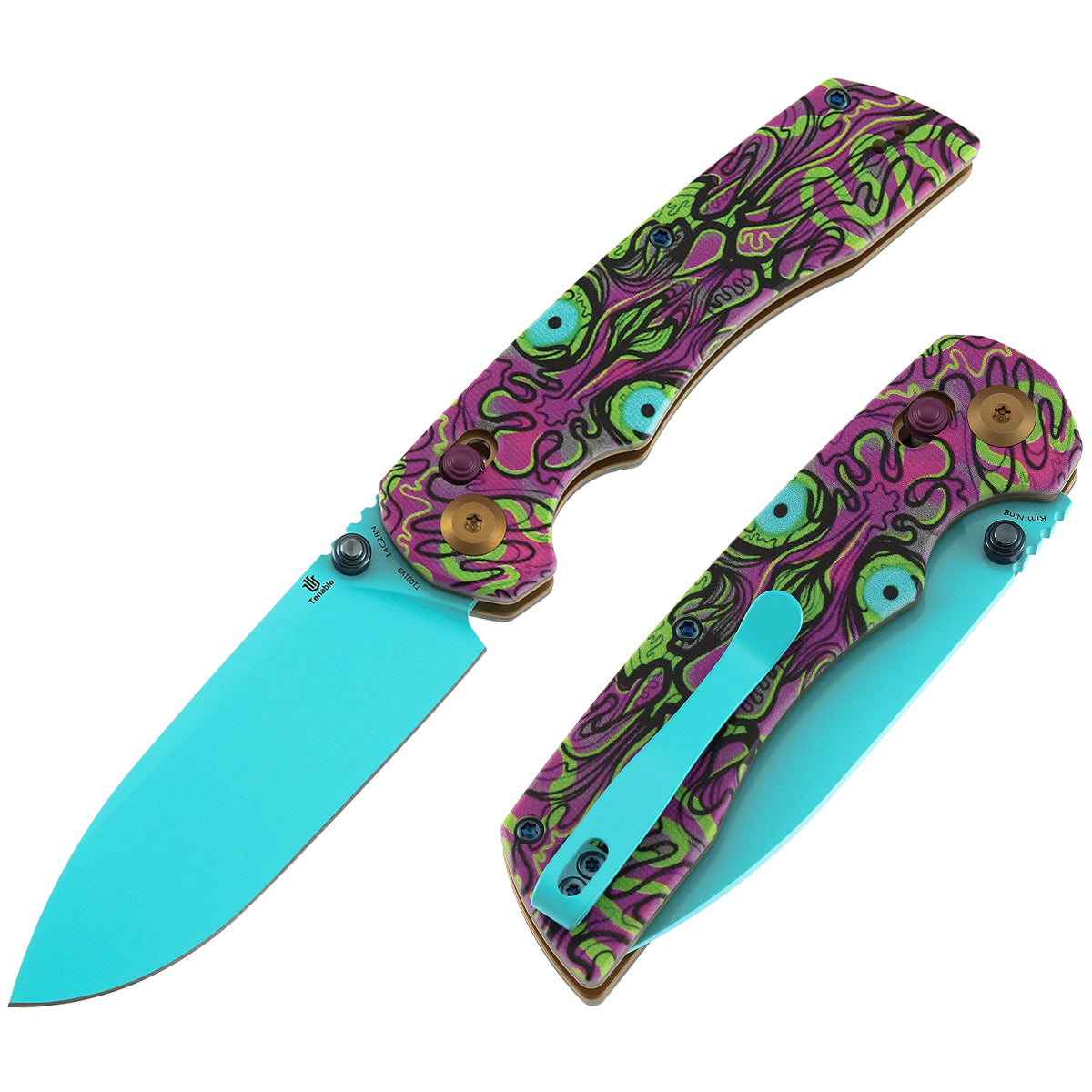 Tenable Kryo T1001V9 Blue Coated 14C28N Blade Jade G10 with Purple Undead Print Handle Crossbar Lock Flding Knife