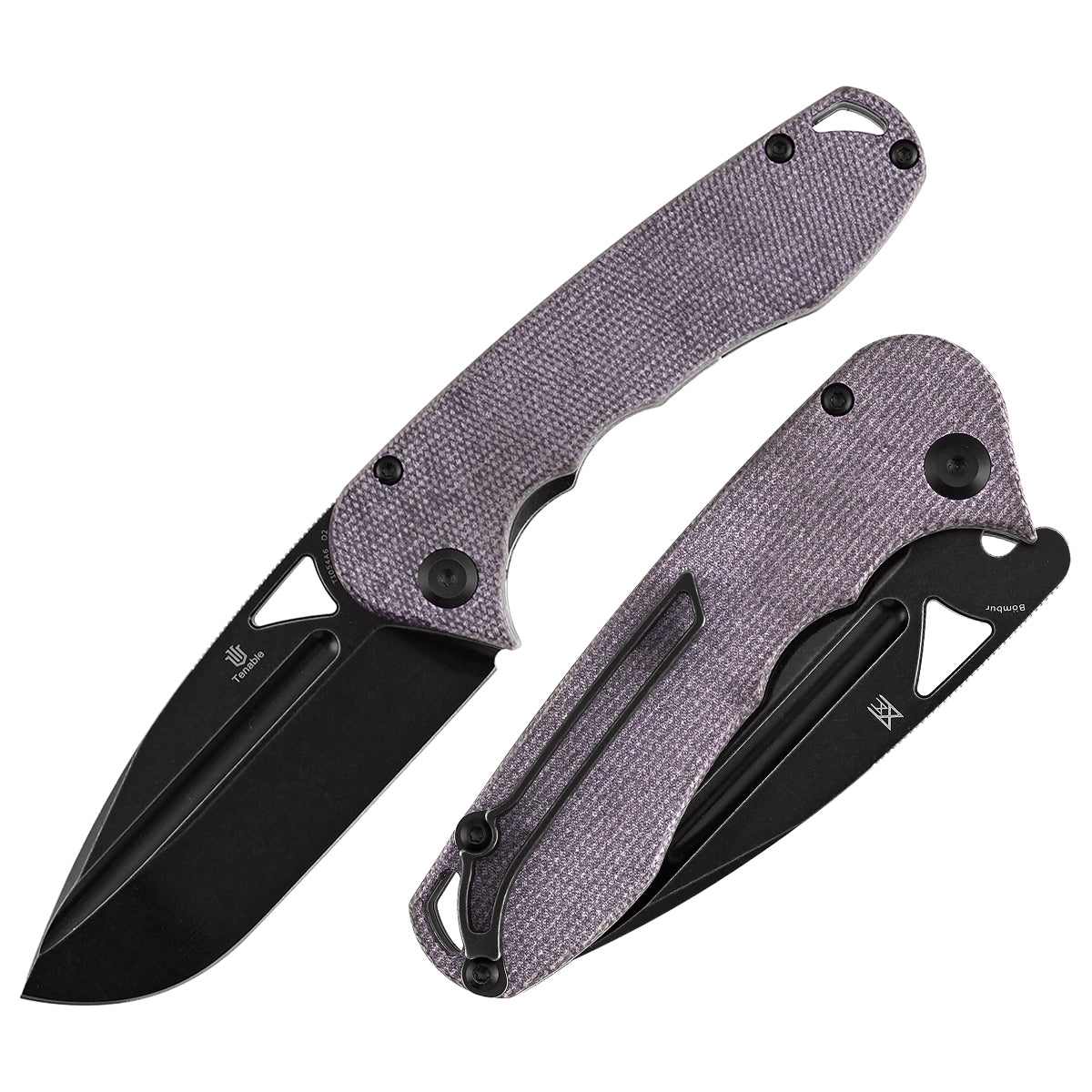 Tenable Bömbur T1054A6 Blackwashed D2 Blade Purple Micarta Handle Liner Lock Folding Knife