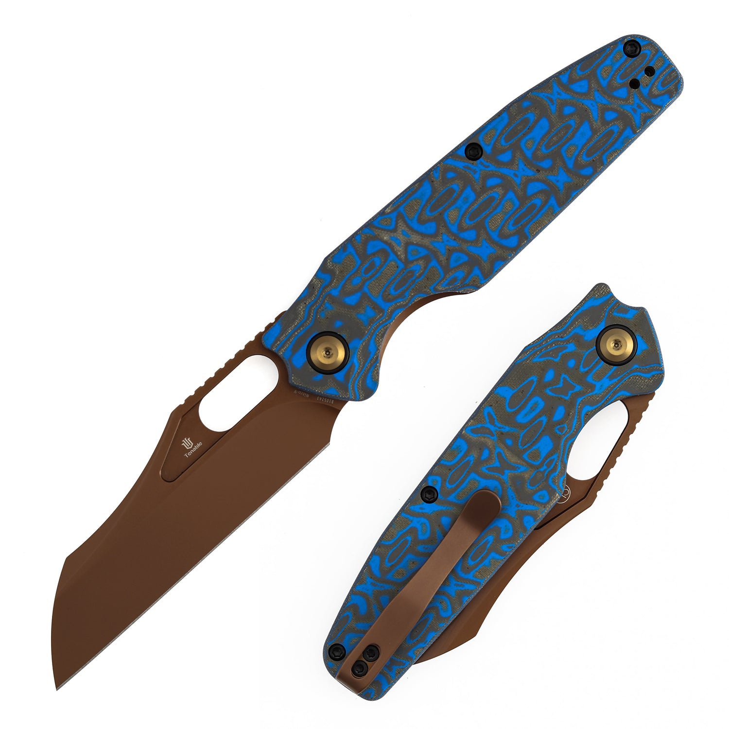 Tenable Tuckamore B1052A3 Rose Gold Nitro-V Blade Blue & Yellow Vortex Micarta Handle Liner Lock Folding Knife