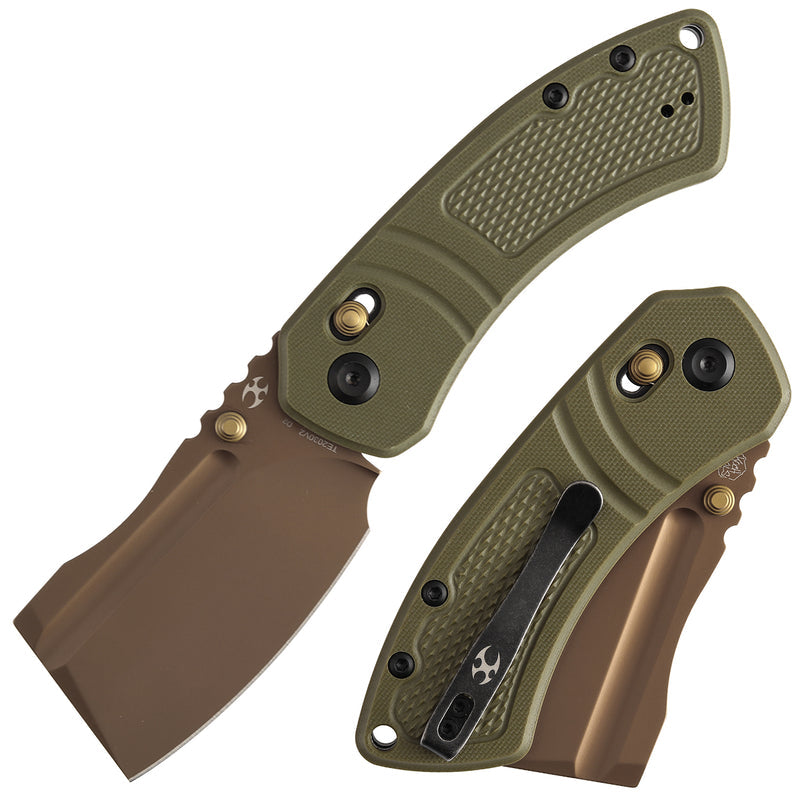 Kansept Korvid V TE2030V2 Rose Gold Coated D2 Blade Olive Green G10 Handle Crossbar Lock Folding Knife