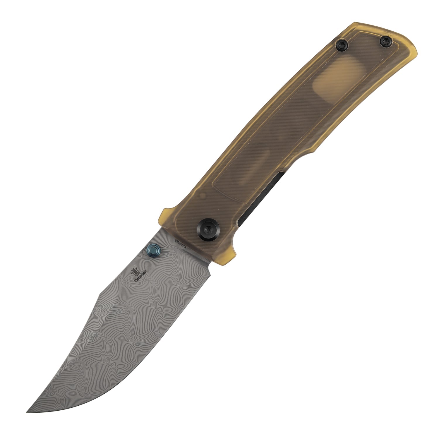 Navaja plegable Tenable Bison B2108A5 con hoja de Damasco "onda de agua" y mango de PEI/Ultem color ámbar con bloqueo Liner Lock