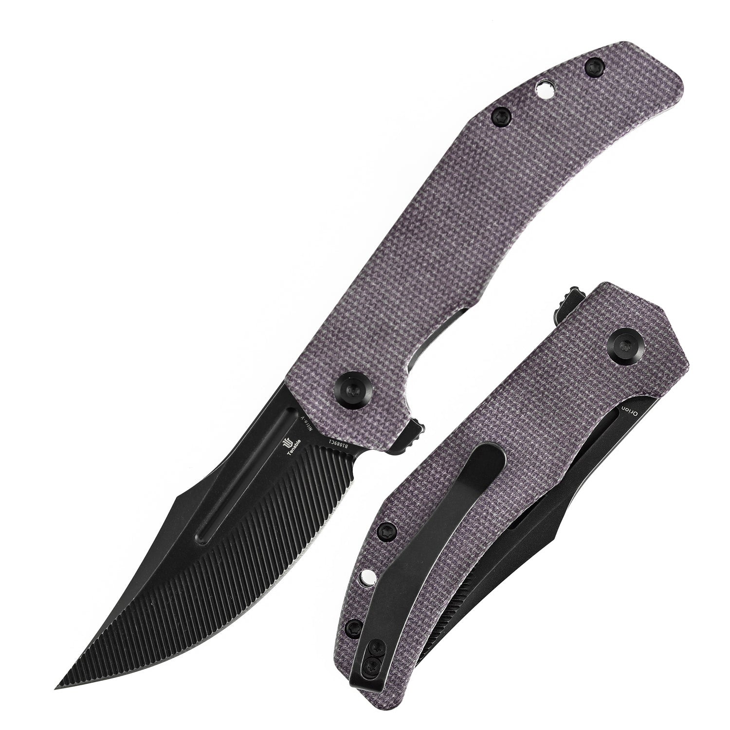 Tenable Orion B1089C1 Blackwash Nitro-V Blade Purple Micarta Handle Liner Lock Folding Knife