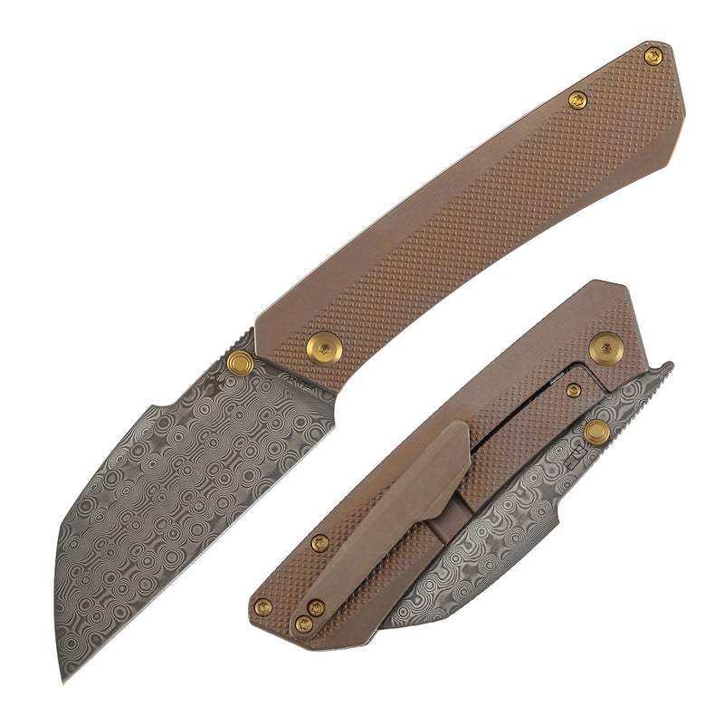 Kansept Contra K1139A4 Damascus Blade Bronze Anodized Titanium Handle Frame Lock Folding Knife