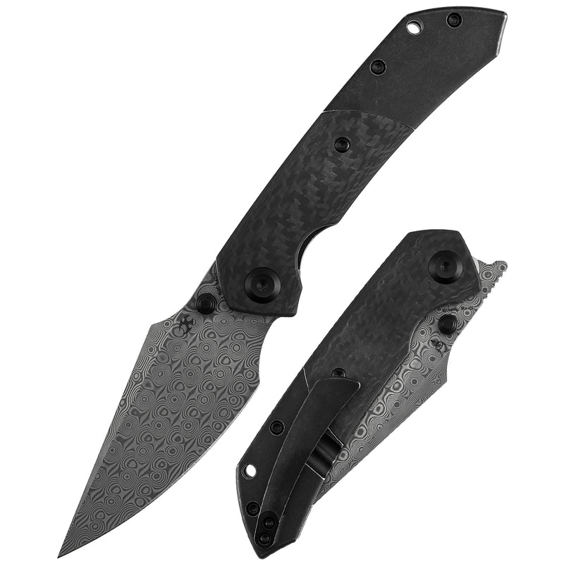 Kansept Fenrir K1034D1 Damascus Blade Blackwash Titanium & Twill Carbon Fiber with G10 Handle Liner Lock Folding Knife