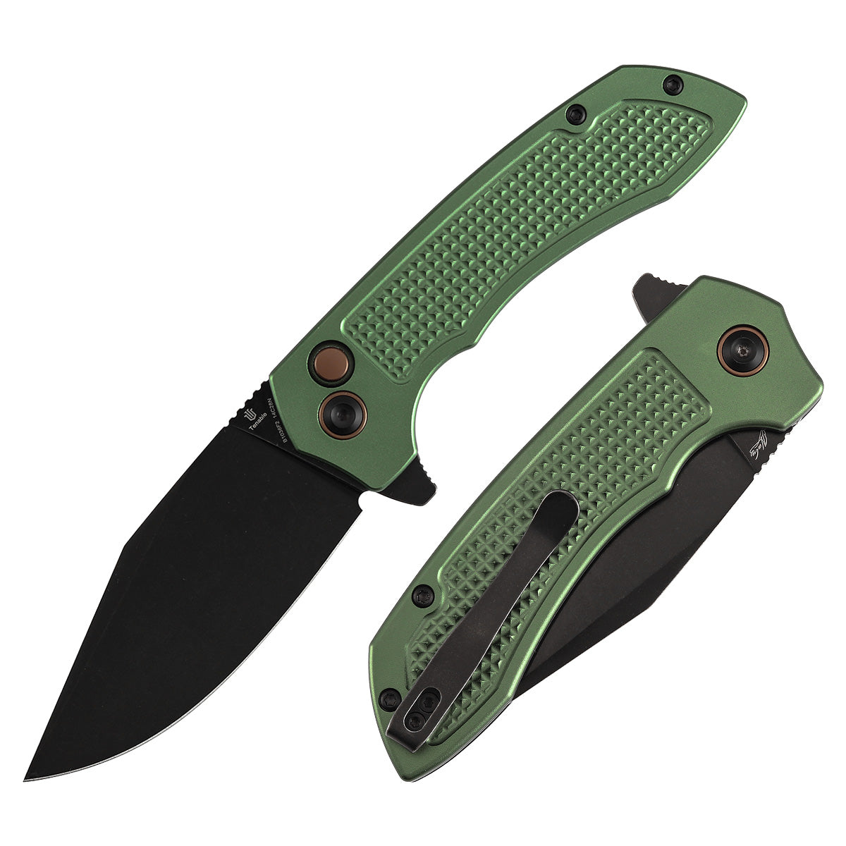 Tenable Entity B1036F2 Blackwash 14C28N Blade Green Aluminum Handdle Button Lock Folding Knife