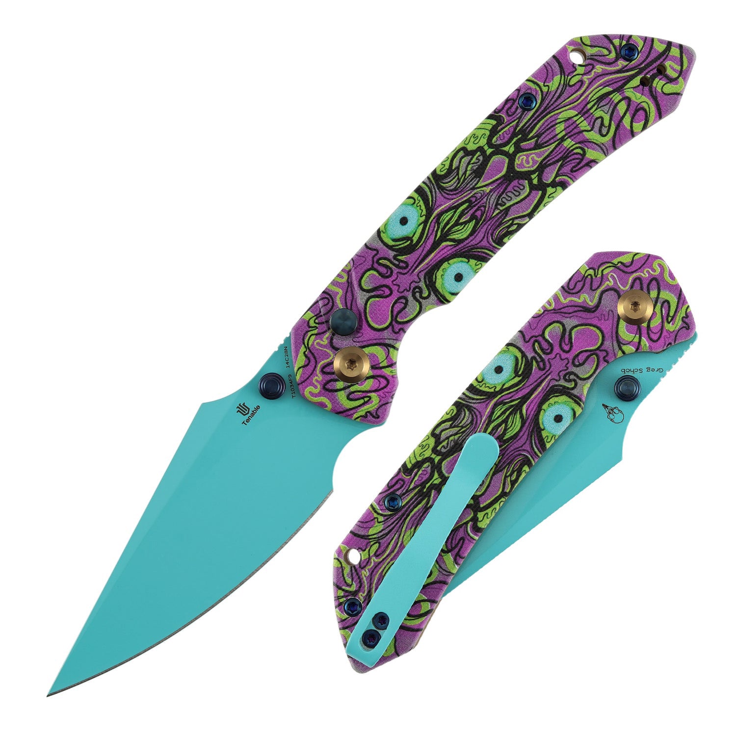 Tenable Fenrir T1034F9 Blue Coated 14C28N Blade Jade G10 Handle Button Lock Folding Knife
