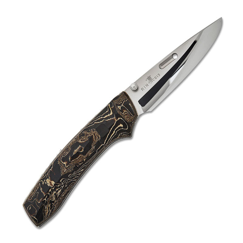 Rockstead RIN-ZDP (BG) ZDP189 Clad by VG10 Blade Titanium + Ebonite Handle Button Lock Folding Knife