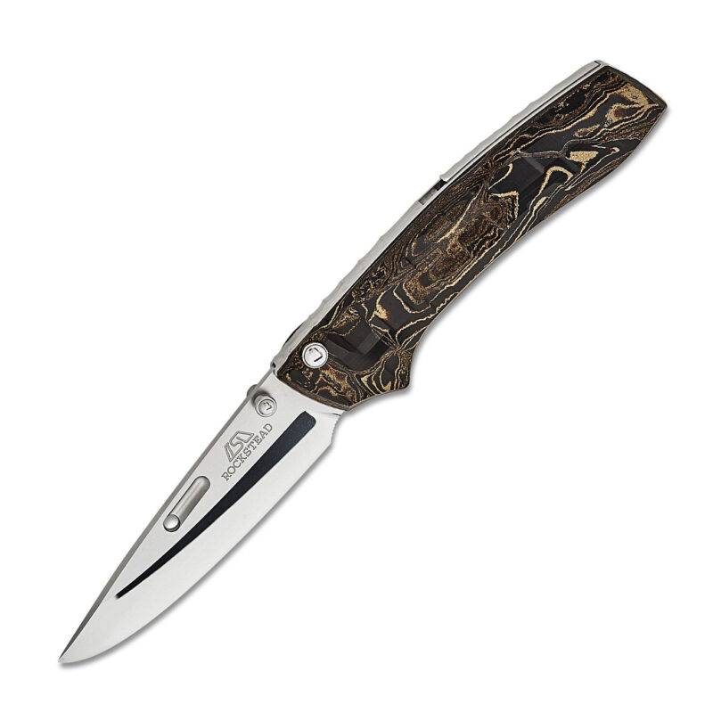 Rockstead RIN-ZDP (BG) ZDP189 Clad by VG10 Blade Titanium + Ebonite Handle Button Lock Folding Knife