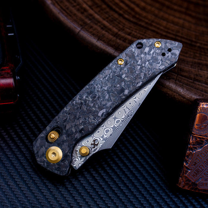 KANSEPT Fenrir K1034V1 Damascus Blade Carbon Fiber Handle Crossbar Lock Knife