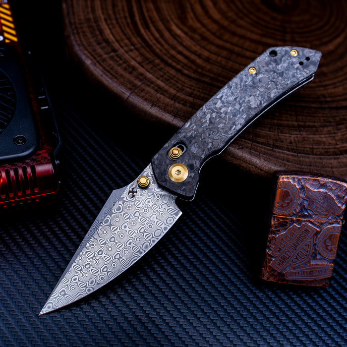 KANSEPT Fenrir K1034V1 Damascus Blade Carbon Fiber Handle Crossbar Lock Knife