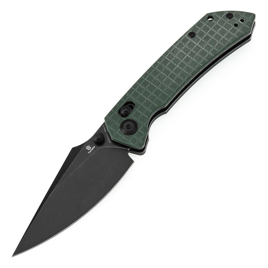 Tenable Knives Fenrir T1034V12 Black Nitro-V Blade Green G10 Handle Cross Bar Lock
