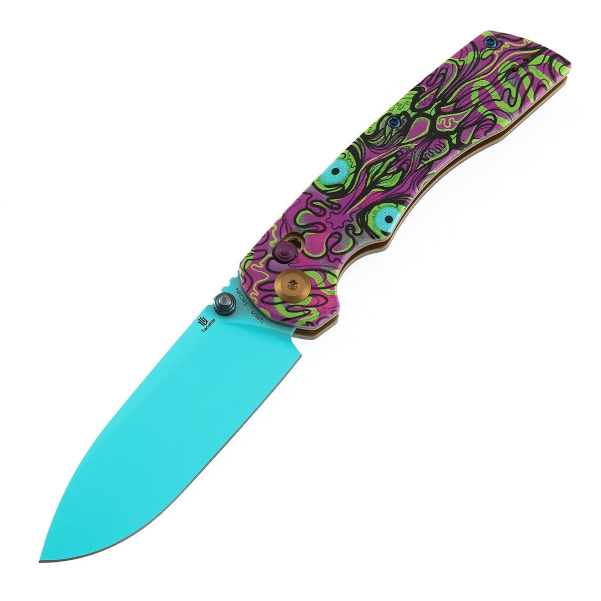 Tenable Kryo T1001V9 Blue Coated 14C28N Blade Jade G10 with Purple Undead Print Handle Crossbar Lock Flding Knife