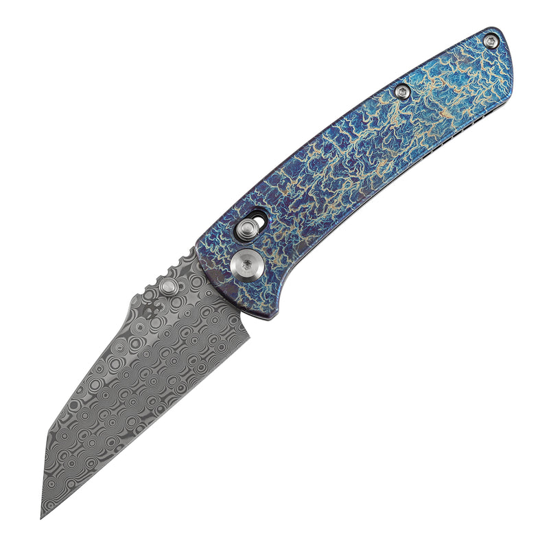 Kansept Main Street K1015V6 Damascus Blade Titanium with Lightning Strike Finish Handle Crossbar Lock Folding Knife