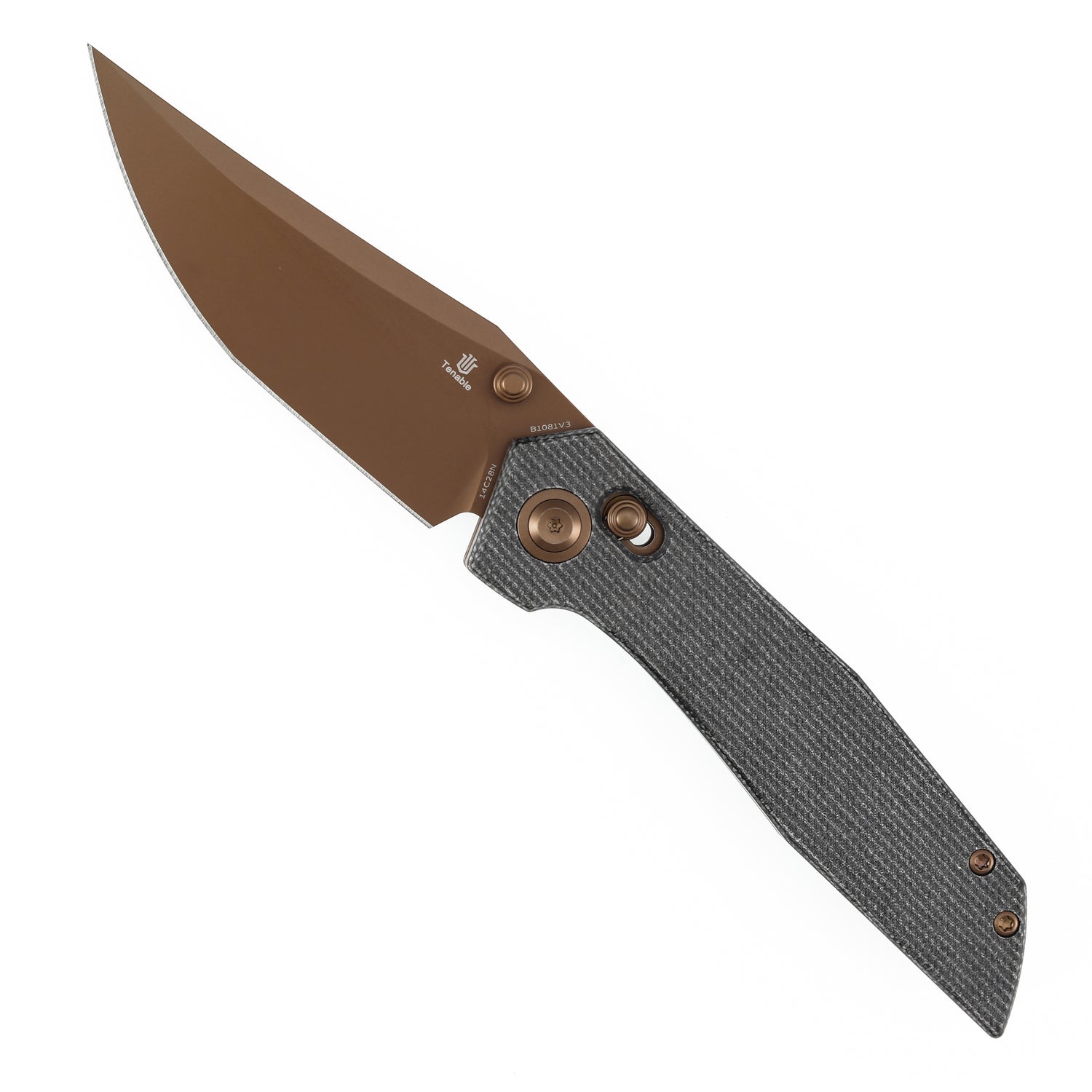 Tenable Deadite B1081V3 Rose Gold 14C28N Blade Black Micarta Handle Crossbar Lock Folding Knife