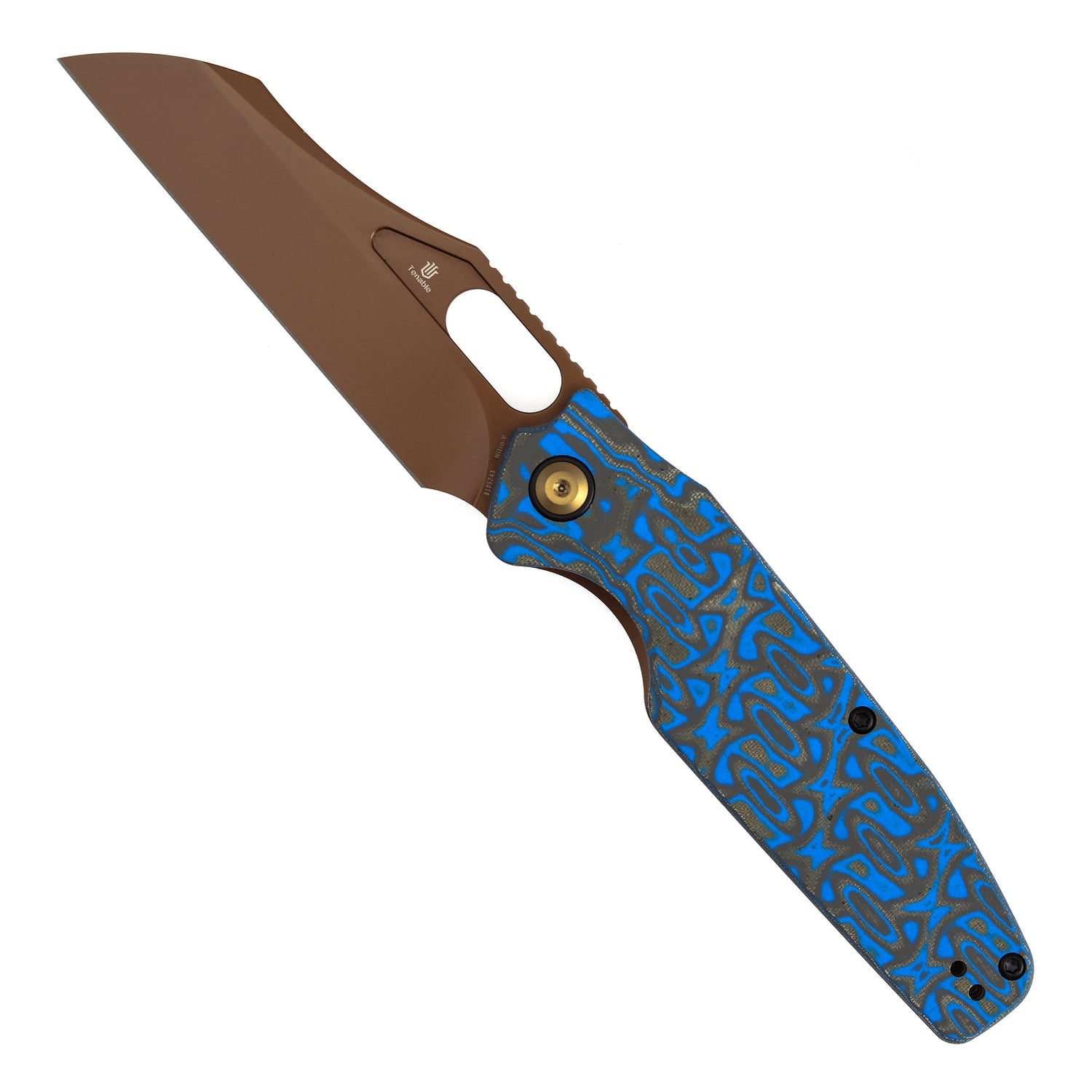 Tenable Tuckamore B1052A3 Rose Gold Nitro-V Blade Blue & Yellow Vortex Micarta Handle Liner Lock Folding Knife