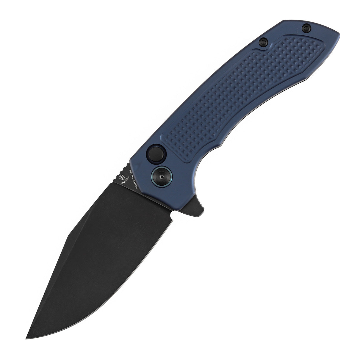 Tenable Entity B1036F5 Blackwash 14C28N Blade Blue Aluminum Handdle Button Lock Folding Knife