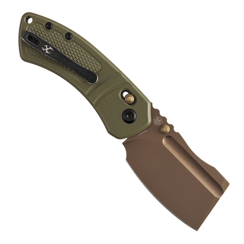Kansept Korvid V TE2030V2 Rose Gold Coated D2 Blade Olive Green G10 Handle Crossbar Lock Folding Knife
