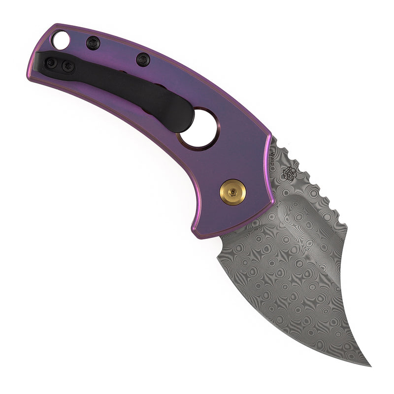 Kansept Wasp T2144F6 Acid Etched Damascus Blade Purple Anodized Titanium Handle Button Lock Folding Knife