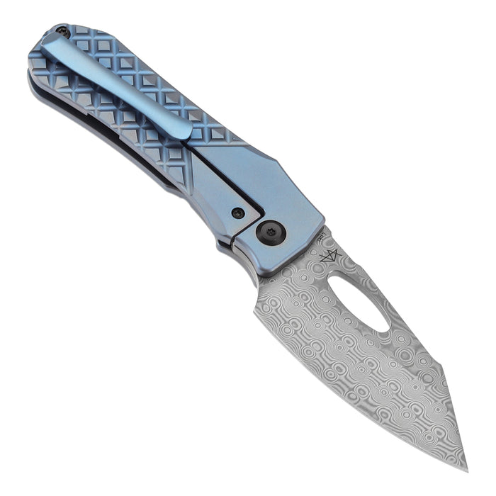 KANSEPT Loki K1058B7 Damascus Blade Blue Anodized Titanium Handle Frame Lock Thumb Hole Knife