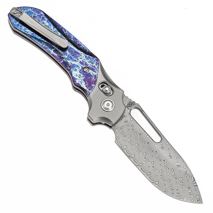 KANSEPT Quasar K1099V3 Damascus Blade Titanium and Titanium Inlay with Lightning Strike Finish Handle Cross Bar Lock