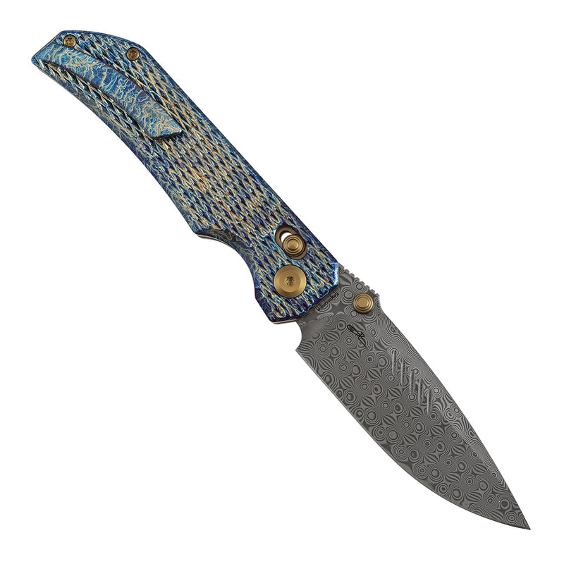 Navaja plegable Kansept Eaglestrike K1095V5 con hoja de Damasco, mango de titanio y cierre de barra transversal