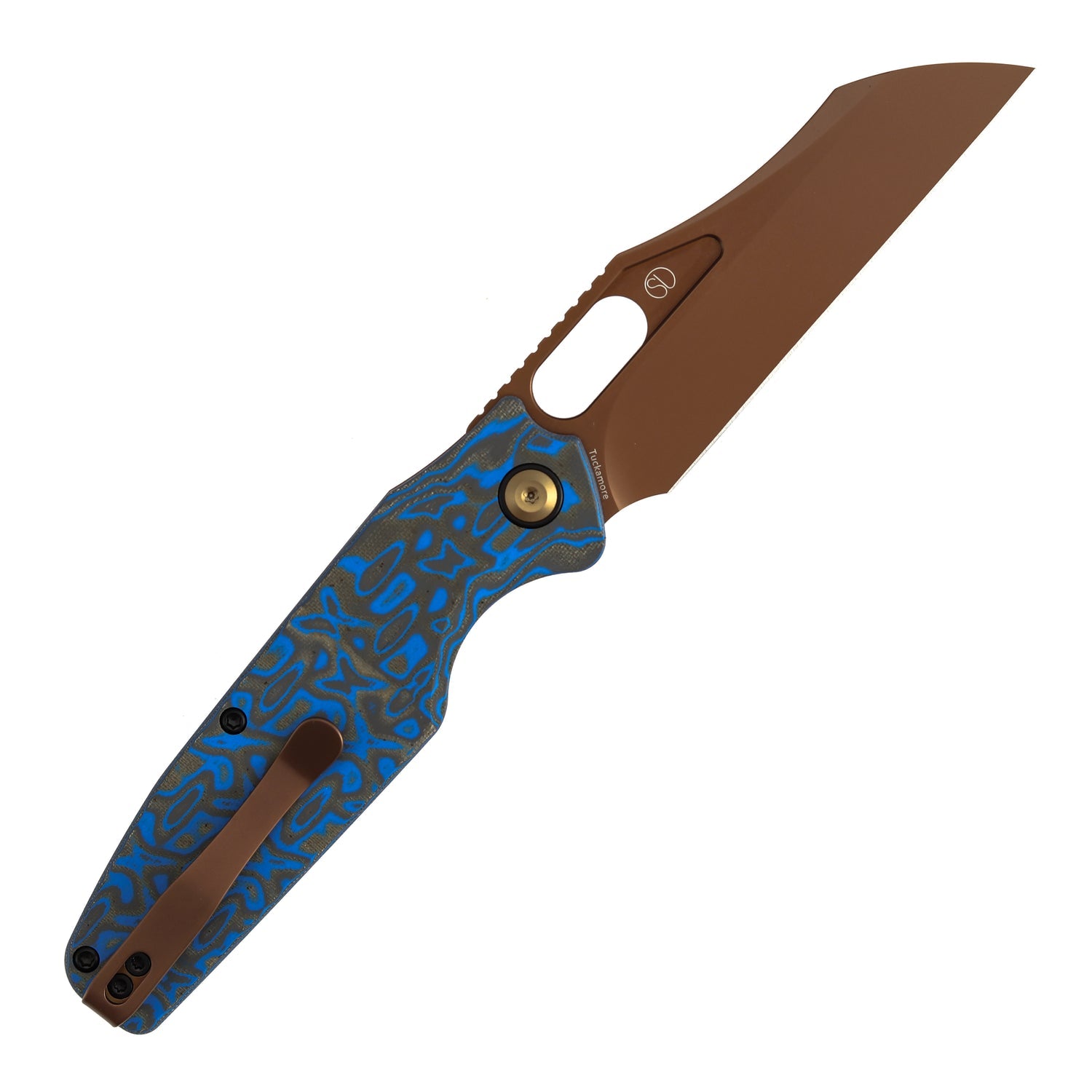Tenable Tuckamore B1052A3 Rose Gold Nitro-V Blade Blue & Yellow Vortex Micarta Handle Liner Lock Folding Knife