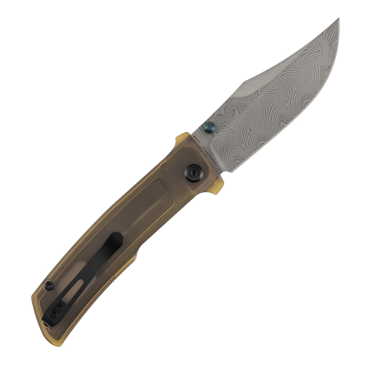 Tenable Bison B2108A5 Water Ripple Damascus Blade Amber PEI/Ultem Handle Liner Lock Folding Knife
