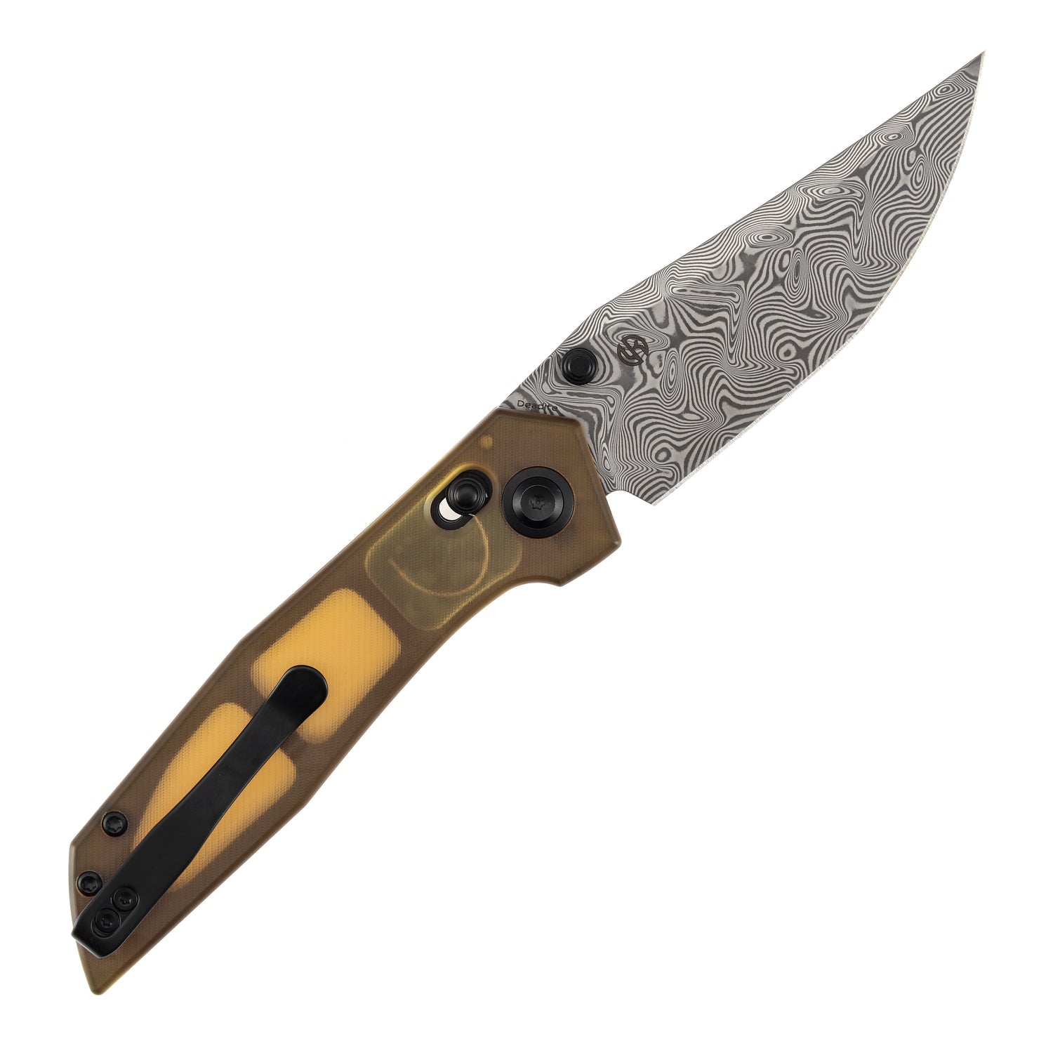 Tenable Deadite B1081V4 Water Ripple Damascus Blade Amber PEI Handle Crossbar Lock Folding Knife