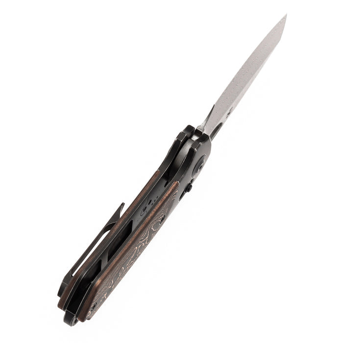Kansept Nahual K2125V3 Hoja de Damasco de Titanio Lavado a la Piedra, Mango de Fibra de Carbono Cobre, Bloqueo de Barra Transversal